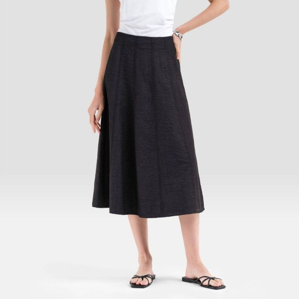 Women's High-Rise Paneled Denim Like Midi A-Line Skirt - Black 6